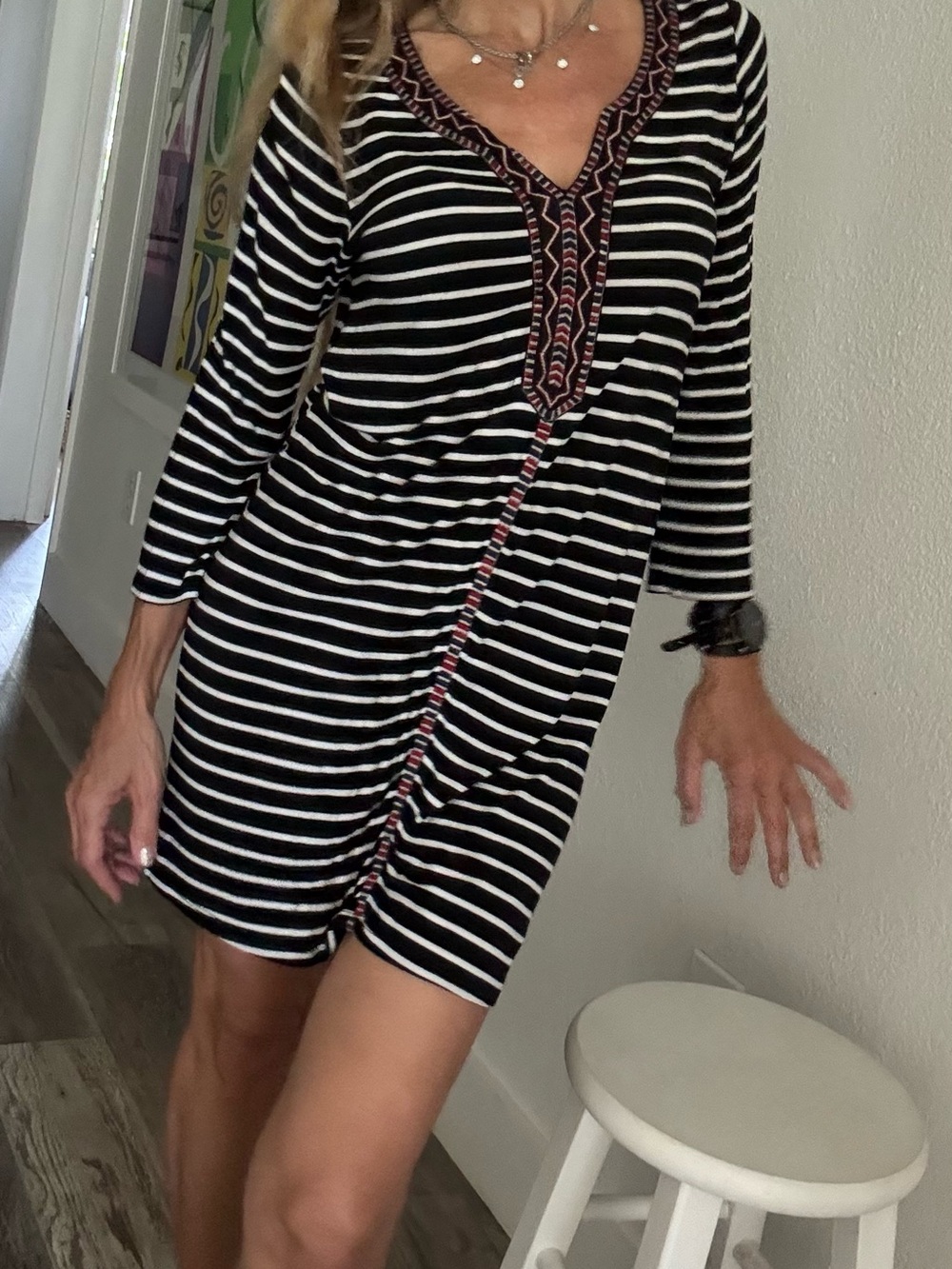THML Black & White Striped V-Neck Mini Dress with Pretty Embroidered Trim
